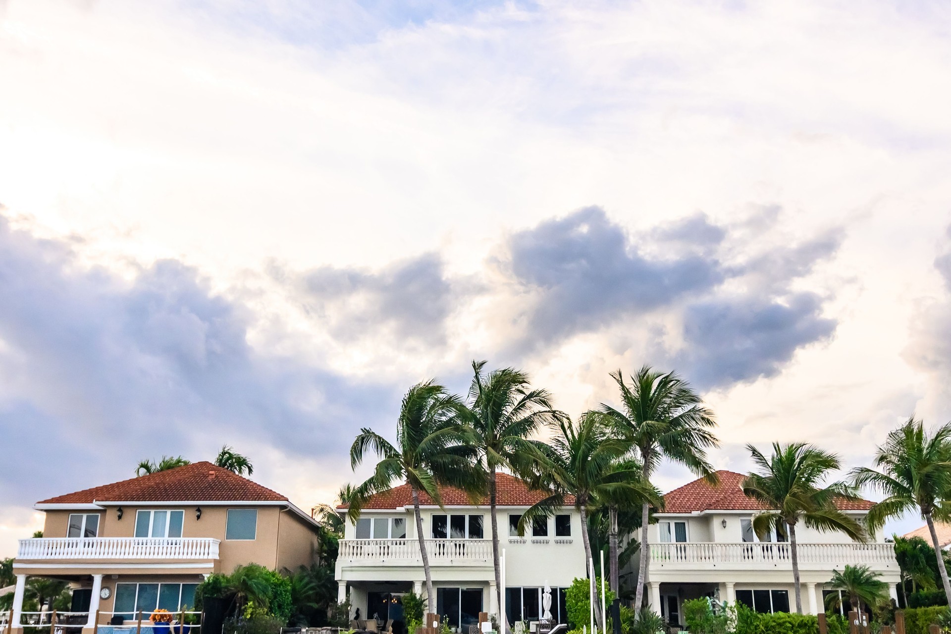 Row of waterfront luxury homes in West Palm Beach Florida